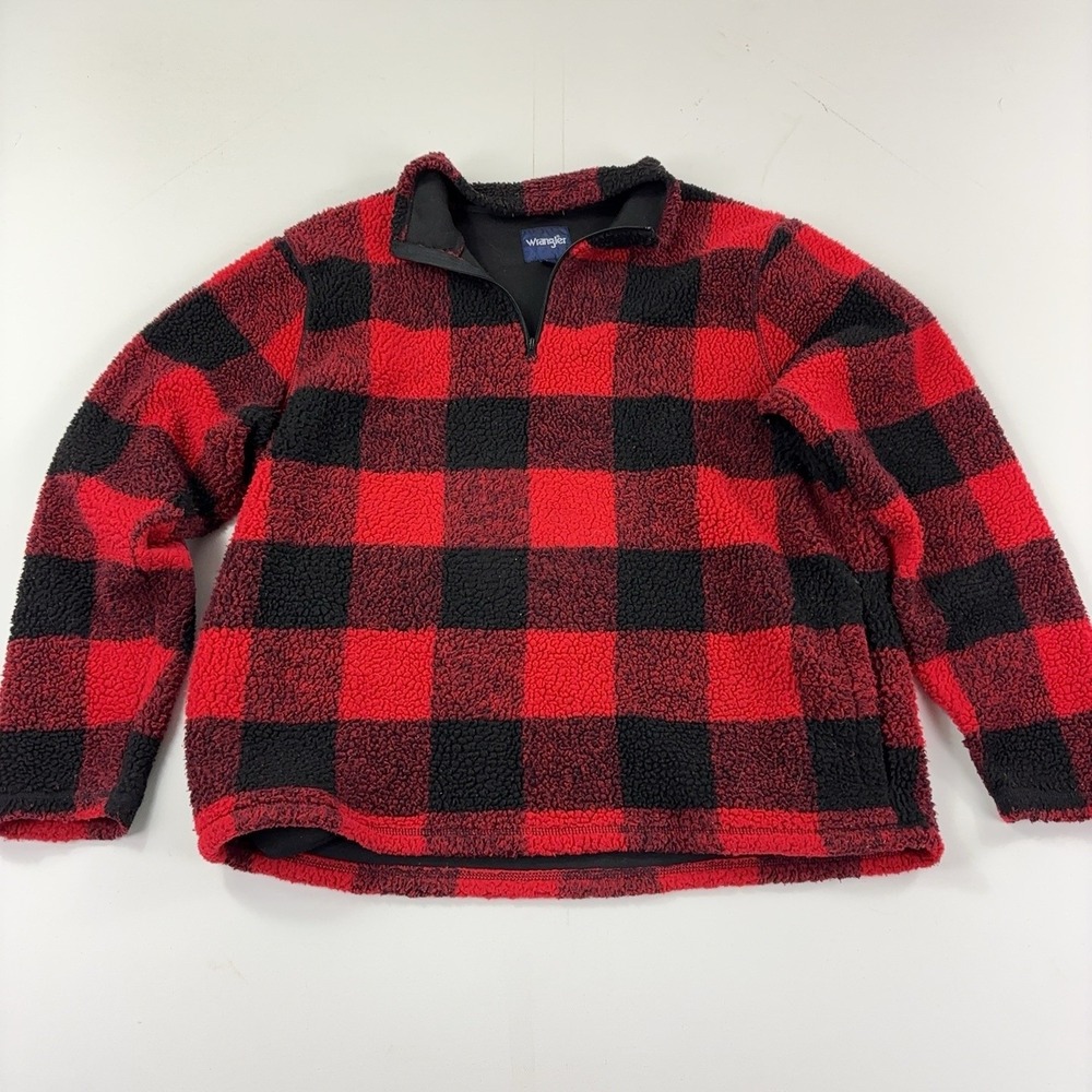 Vintage Wrangler Jacket Mens Large Red Black Fleece Sherpa 1/4 Zip Buffalo Plaid